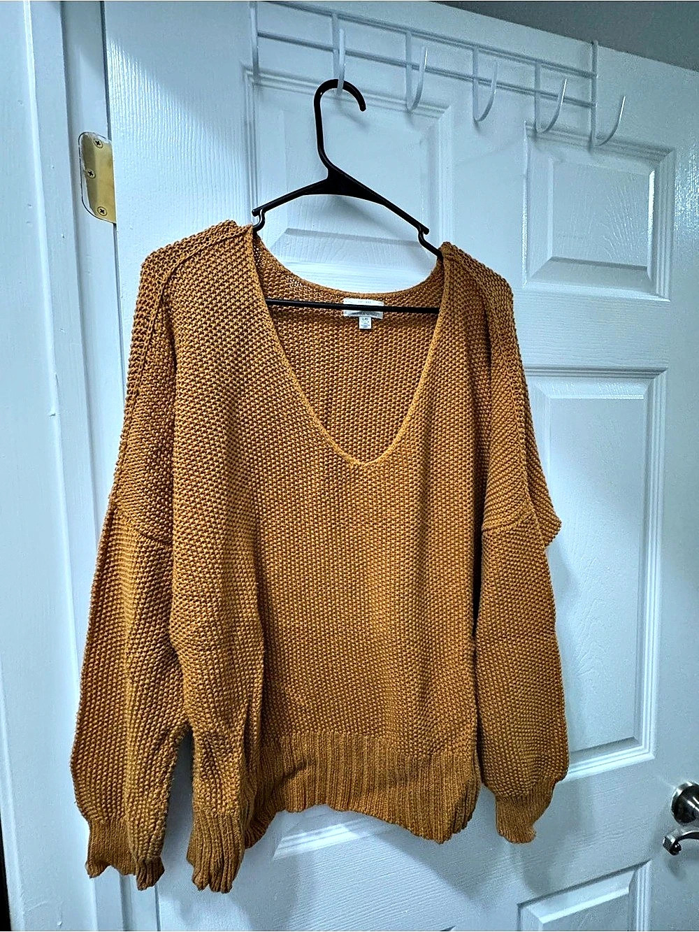 Lucky Brand Waffle Slouchy V-Neck Sweater Mustard Yellow Large